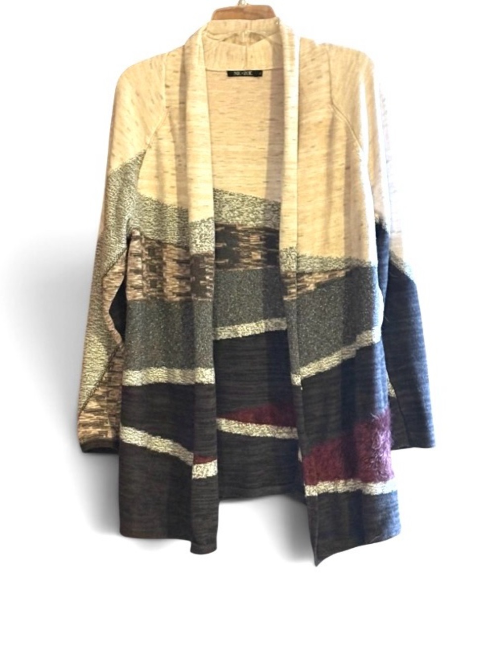 NIC+ZOE Open-Front Striped Colorblock Cardigan in Cream, Gray & Burgundy